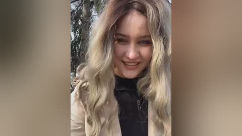 Media: A video of a smiling young woman with wavy, shoulder-length blonde hair and fair skin, wearing a beige jacket over a black turtleneck, standing outdoors against a blurred background of trees.