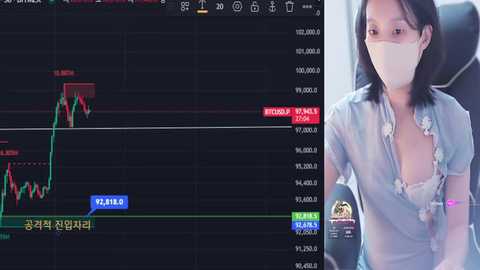 Media: Video of a live news broadcast featuring an Asian woman in a mask and light blue blouse, standing next to a financial stock market chart with red and green indicators.