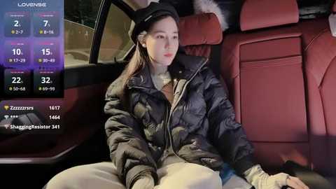 Media: Video of a woman in a black puffy jacket and hat, sitting in a red car at night, with a digital display showing weather and location information.