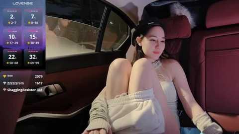 Media: Video of an Asian woman in a white dress, seated in a red-carpeted car, with a digital display showing \"Loved by 2, Sleep 7, Zzzs 77, Flagged 27, Likes 1,247, Comments 47.\