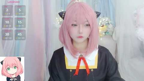 Media: Video of a pale-skinned, green-eyed young woman with pink hair and cat ears, dressed in a black and yellow school uniform, set against a soft-focus, pastel-colored room.