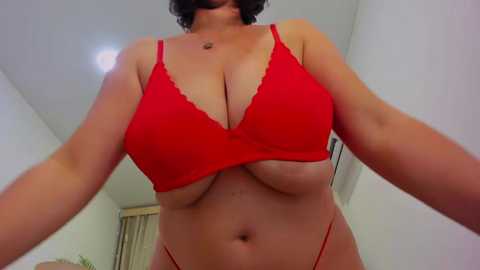 Media: Video of a curvy, light-skinned woman with short dark hair, wearing a red lace bra and matching thong, standing in a brightly lit room with beige walls and a window.