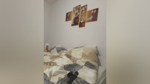 Media: Video of a small, sparsely decorated bedroom with a bed covered in a patchwork quilt in beige, gray, and white. A white wall features five framed videos of a woman in various poses. A black object, possibly a phone, rests on the bed.