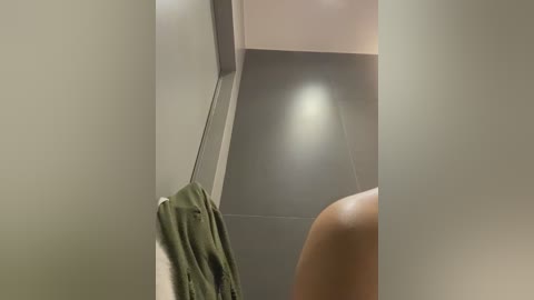 Media: Video of a close-up view of a bathroom ceiling and wall, showing a green towel hanging on a metal hook. The background is a smooth, matte gray wall with a slight reflection. The lighting is soft and diffused, creating a serene ambiance.