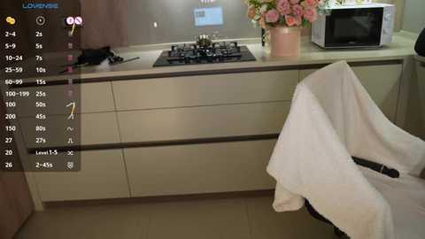 Media: A video of a modern kitchen featuring beige cabinets, a gas stove, microwave, white towel, and a vase of pink and white flowers.