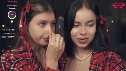 Media: Video of two young women with long black hair, wearing red plaid shirts, smiling, one touching her finger to her lips. Background shows a dark, blurred room.