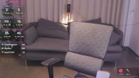 Media: A video of a dimly lit living room with a gray sofa, a chair, and a lamp. A digital screen displays streaming stats. The room is cozy and modern.