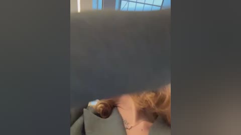 Media: A video of a woman's head and upper chest, showing her long, wavy auburn hair. She is reclining on a grey couch with a blue wall and a window behind her. Her face is obscured by the frame, focusing on her hair and shoulder.