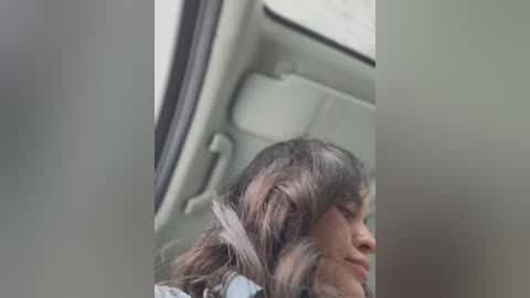 Media: Video of a woman with long, wavy brown hair, wearing a light-colored jacket, looking down and smiling slightly, taken from a low angle inside a car with a white ceiling and an air conditioning vent.