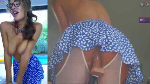 Media: Video collage of a topless woman with glasses, blue skirt, and white panties, bending over, revealing her penis.