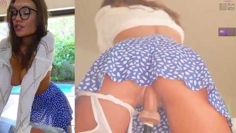 Media: A video featuring a woman in a blue floral skirt, bent over, with a beige dildo inserted into her anus.