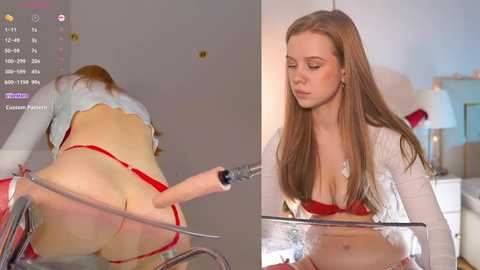 Media: Video of a young woman in red lingerie, kneeling on a glass table, holding a whip, in a dimly lit room.