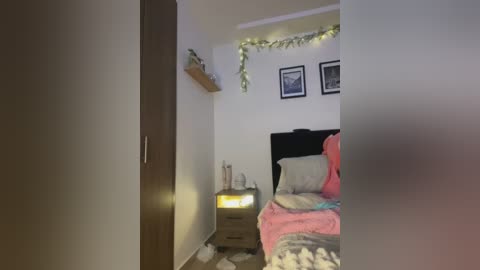 Media: Video of a cozy, dimly lit bedroom with a wooden headboard, pink blanket, framed art, fairy lights, wooden shelves, and a nightstand with a lit lamp.