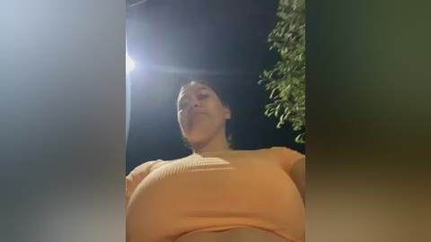 Media: A video of a woman with a large bust, wearing a tight, ribbed orange top, taken at night with a bright light behind her.