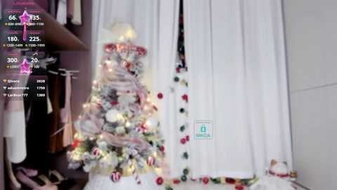 Media: A video of a festive indoor scene with a decorated Christmas tree, adorned with lights and ornaments, next to a white curtain. The background includes a closet and a plush toy.