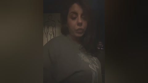 Media: A dimly lit video of a plus-sized woman with curly dark hair, wearing a gray T-shirt with a graphic design, standing in a dark room with a decorative metal wall hanging.