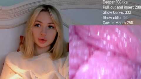 Video of a young Caucasian woman with blonde hair, wearing a white sweater, lying on a bed. Inset: close-up of pink, inflamed oral cavity. Text: \"Deep Throat 100Ks, Pull out and Insert 20, Show Carnivore 35, Show Elite 150, Cam In Mouth 250.\