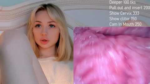 Video of a young blonde woman with blue eyes, fair skin, wearing a cream sweater, looking worried. Close-up of a pink, fleshy, and wet object resembling a tongue, labeled as \"Deep Throat.\