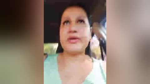 Media: A blurry video of a woman with dark hair and fair skin, wearing a light green top, captured from a moving vehicle. The background is indistinct, possibly outdoor.