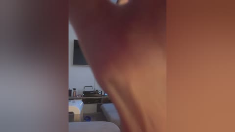 Media: Video of a person's nude, slightly blurred torso standing in a dimly lit, cluttered living room with a TV, stereo, and a bed in the background.