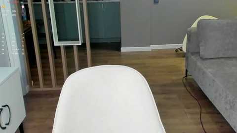 Media: Video of a modern living room with a white chaise lounge in the foreground, a grey sofa on the right, and wooden flooring. The background features a partially constructed wall with visible wooden studs and a doorway leading to another room.