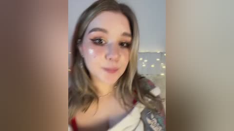 Media: Video of a young woman with light skin, wavy blonde hair, and full makeup, including winged eyeliner and nude lipstick. She wears a white blouse with a floral pattern, and a string of lights is visible in the background.