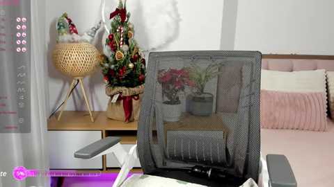 Media: Video of a cozy bedroom with a gray mesh chair, a wooden bedside table, a decorative plant, a festive wreath, and a pink bed with ruffled pillows.