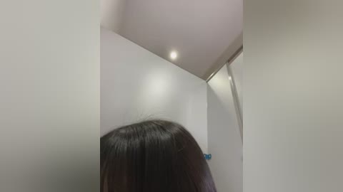 Media: Video of a person with long, straight dark brown hair, standing in a dimly lit room with white walls and a small recessed light fixture. The image focuses on the back of the person's head.