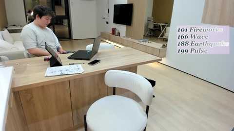 Media: A video of a modern office interior featuring a man in a light gray shirt working at a light wooden desk. Two white chairs are visible, and a 1966 Mazda EARTHQUAKE 999 Pulse car is displayed.