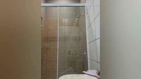 Media: Video of a modern, minimalist bathroom featuring a glass shower enclosure with horizontal wooden slats, beige tiles, and a white sink with a pink towel.