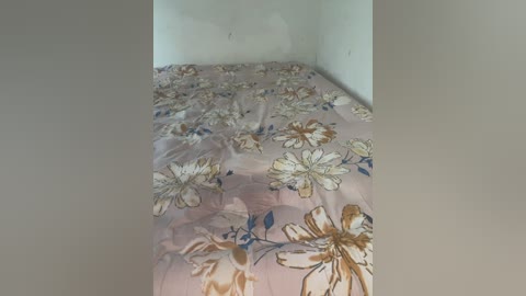 Media: A video of a small, empty room with a single bed covered in a floral bedspread featuring large, white flowers with brown and blue accents on a pink background. The room's walls are plain and light-colored, creating a minimalist and somewhat sparse atmosphere.