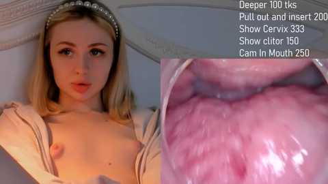 Video of a young Caucasian woman with blonde hair, wearing a headband, topless, showing breasts, and a close-up of her vagina, with text overlay about deep throat and camming.