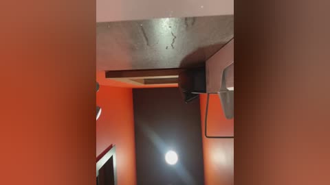 Media: Video of a dimly lit, orange-painted hallway with a large, round light bulb at the end, casting a soft glow. The ceiling has a visible crack.