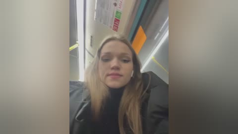 Media: A candid video of a young Caucasian woman with long blonde hair, wearing a black jacket, seated in a subway car. The background includes a yellow safety sign and a white door.