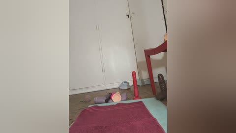 Media: Video of a messy room with a white door, red chair, scattered toys, and a rolled-up rug.