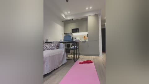 Media: Video of a minimalist, modern apartment kitchen with beige walls, wooden floor, white couch, and a pink yoga mat.