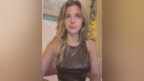 Media: Video of a young, light-skinned woman with long, wavy blonde hair, wearing a black, shiny, sleeveless top, indoors with beige walls and a potted plant in the background.