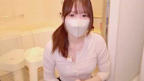 Media: Video of an Asian woman with light skin, brown hair, wearing a white face mask, white long-sleeved shirt, and white pants, sitting on a white toilet in a beige-tiled bathroom.