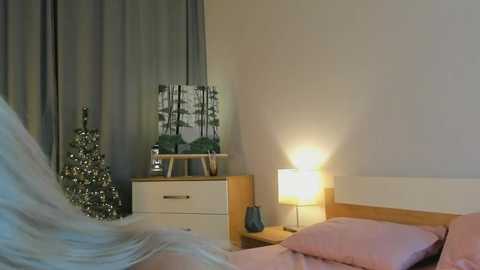 Media: Video of a minimalist bedroom with a wooden bed, white dresser, gray curtains, Christmas tree, framed forest art, and a lamp.