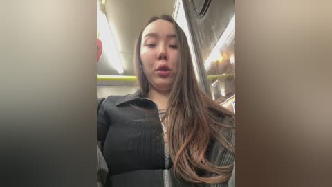 Media: A video of an Asian woman with long brown hair and fair skin, wearing a black jacket and making a pouty face inside a subway car.