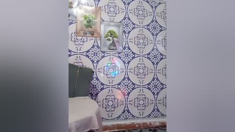 Media: A video of a room featuring a bed with a white duvet, surrounded by blue and white patterned wallpaper with intricate floral designs. The walls have framed potted plants and string lights hanging from the ceiling.