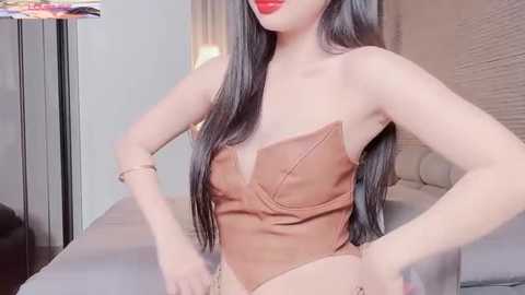 Media: Video of an Asian woman with long black hair and fair skin, wearing a strapless brown leather corset with a pointed neckline, standing confidently indoors.