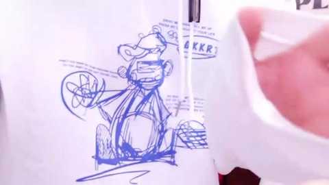 Media: A video of a person holding a sketchbook with a blue ink drawing of a cartoon mouse in a dress and hat, surrounded by balls and a spinning top.