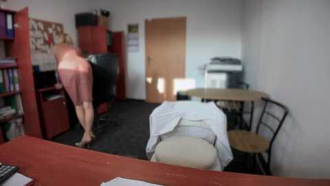 Media: Video of a woman in a short pink dress bending over a desk in a messy office, surrounded by red cabinets, a printer, and a chair.