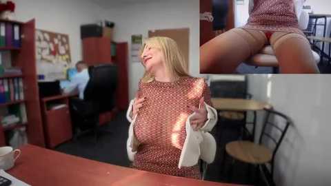 Media: Video of a blonde woman in a red polka-dotted dress, sitting at a desk, laughing; inset photos of her bending over, showing underwear. Office background with shelves, desk, and a chair.