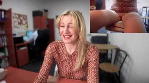 Media: Video of a smiling blonde woman in a red-patterned blouse, seated in a cluttered office with bookshelves, a desk, and a white chair. Inset shows her rear end.