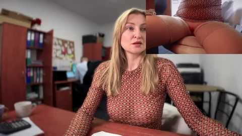 A video depicts a blonde Caucasian woman in a patterned top, seated at a desk, with a close-up of her bent-over, exposed buttocks in a separate inset.