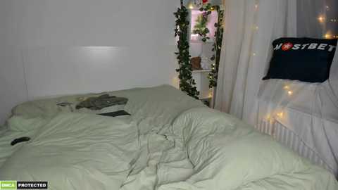 Media: Video of a dimly lit bedroom with a messy unmade bed, white walls, fairy lights, a black pillow with \"NEVER BET\" text, and a partially open door revealing a green plant.