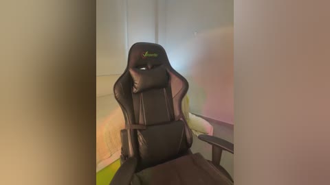 Media: Video of a black gaming chair with green accents, placed in a dimly lit room with beige walls and a hint of colored lighting. The chair has a high backrest and armrests, suggesting it's ergonomic.