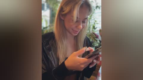 Media: Video of a blonde woman with straight hair, wearing a black jacket, intently looking at a magazine in a dimly lit room with blurred background.